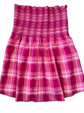 Guess Hot Pink Plaid Strapless Smocked Bodice Top